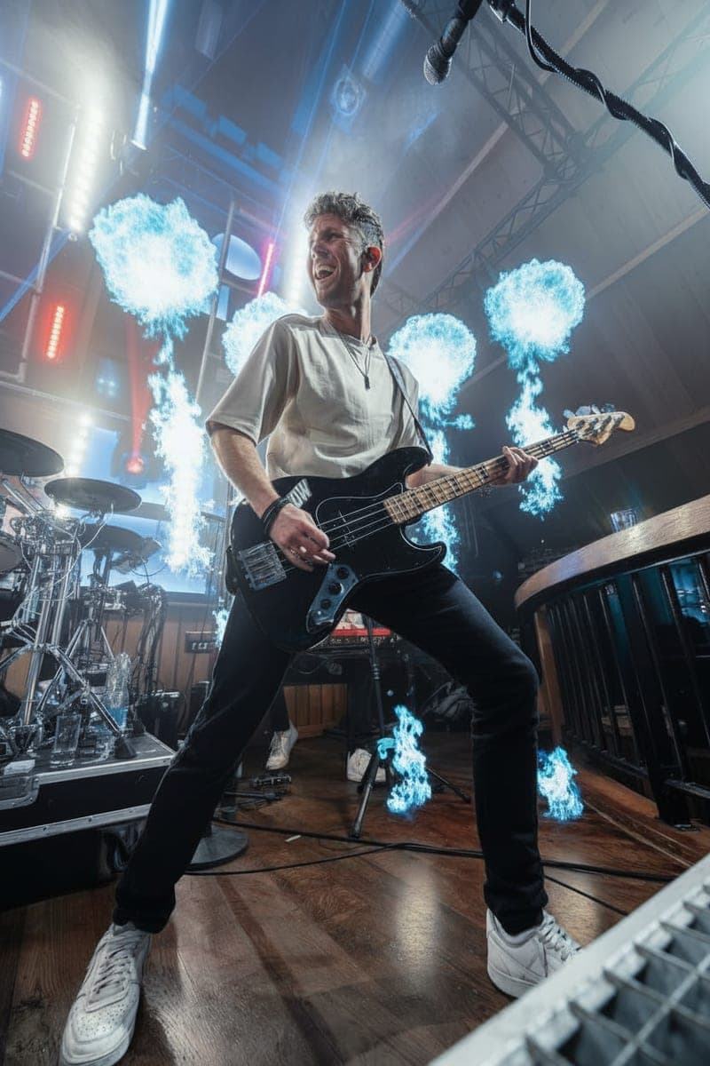 De bassist van KalibeR op het podium, met vuurfonteinen en het drumstel achter hem