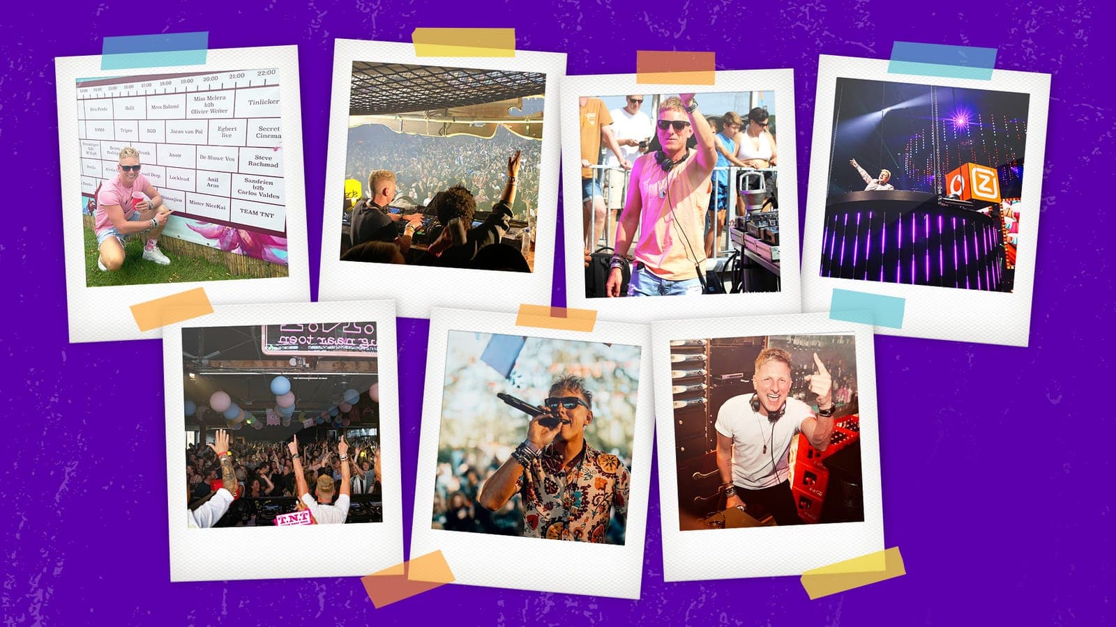 Collage van optredens van Mister NiceKai: achter de draaitafels, met de microfoon en voor een vol festivalpubliek
